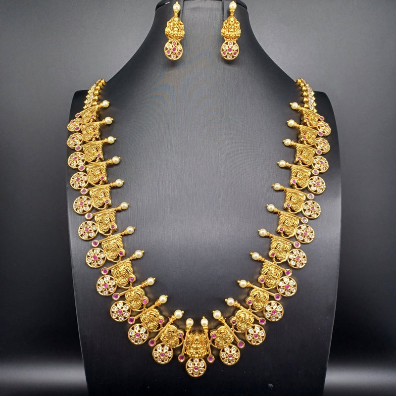 Beautiful Gold Finish AD And Ruby Stone Peacock Bottu Mala With Earrings