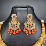 beautiful Gold Finish Peacock kante Necklace with coral beads And Earrings