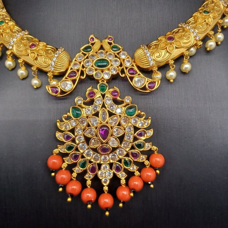beautiful Gold Finish Peacock kante Necklace with coral beads And Earrings