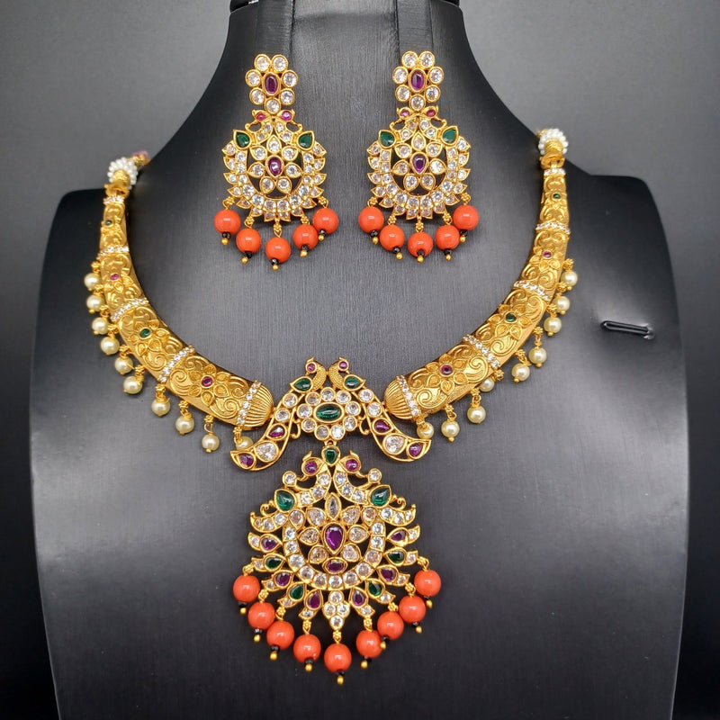 beautiful Gold Finish Peacock kante Necklace with coral beads And Earrings