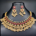 Beautiful AD And Pink Kemp Stone Guttapusalu Necklace Set With Earrings