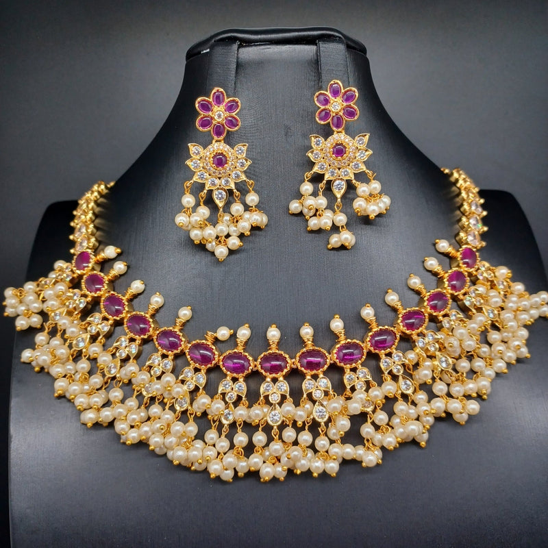 Beautiful AD And Pink Kemp Stone Guttapusalu Necklace Set With Earrings