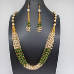 Beautiful Multi Strand Pearl And Green Beads Set With Earrings