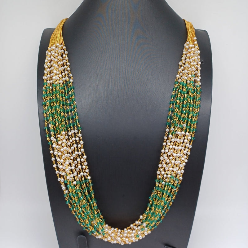 Beautiful Multi Strand Pearl And lite Green Beads Set With Earrings
