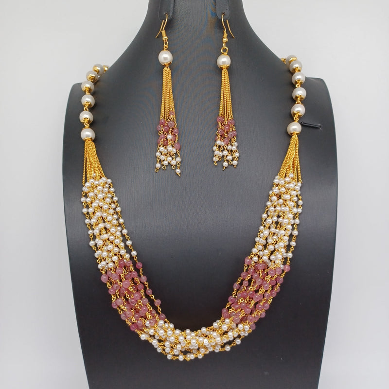 Beautiful Multi Strand Pearl And Lite Pink Color Beads Set With Earrings