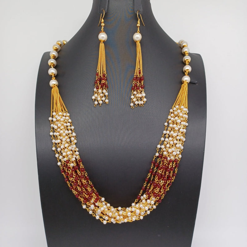 Beautiful Multi Strand Pearl And Marron Color Beads Set