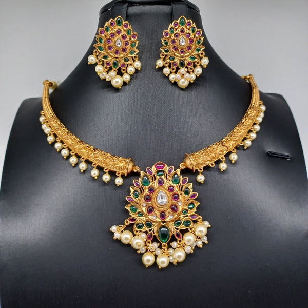 Beautiful AD And Multi Kempu Stone Imitation Gold Kante With Earrings ...