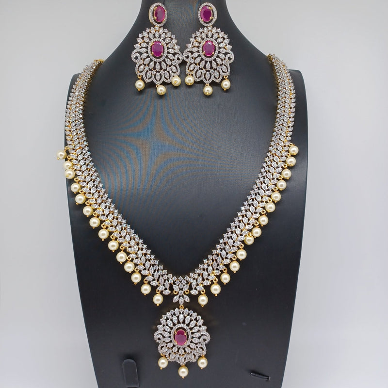 Elegant Diamond Finish AD And Ruby Stone Medium Necklace Set With Earrings
