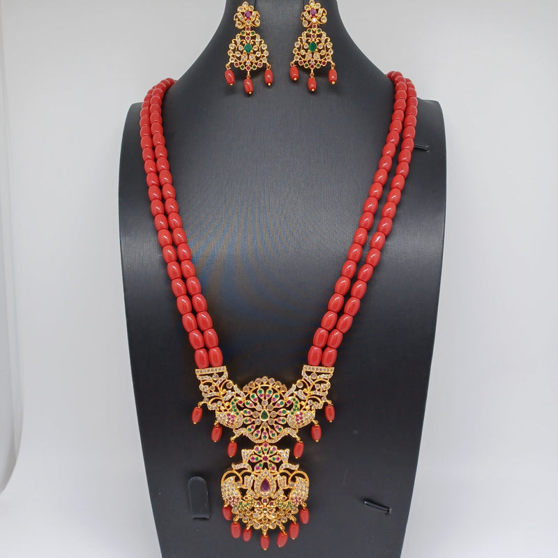 Beautiful Multi Strand Coral Beads Set Wiith AD And MultiStone Locket With Earrings