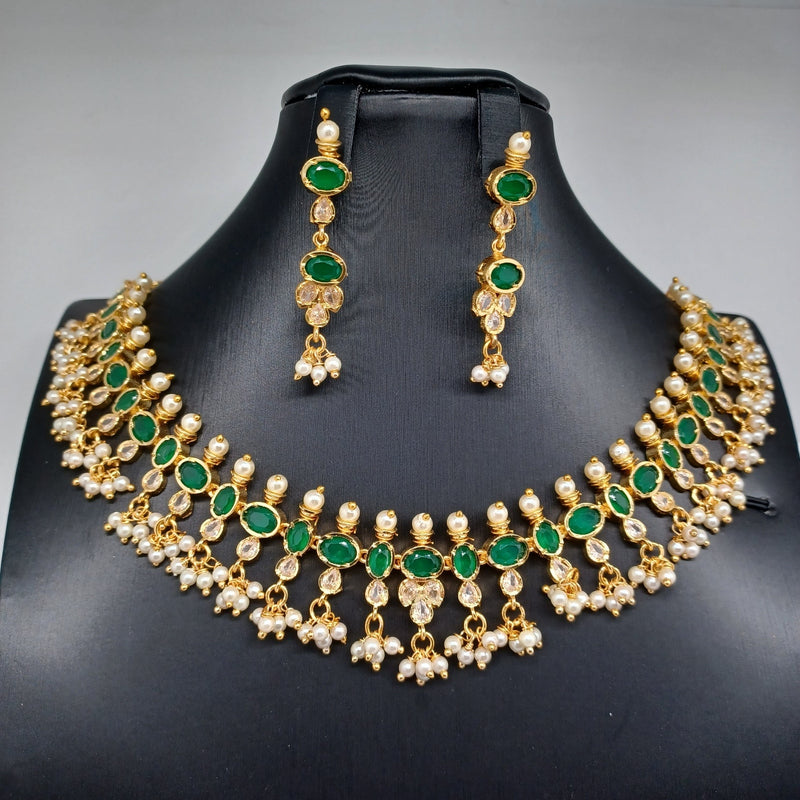 Beautiful AD And Green Stone Pearl Small Necklace Set With Earrings