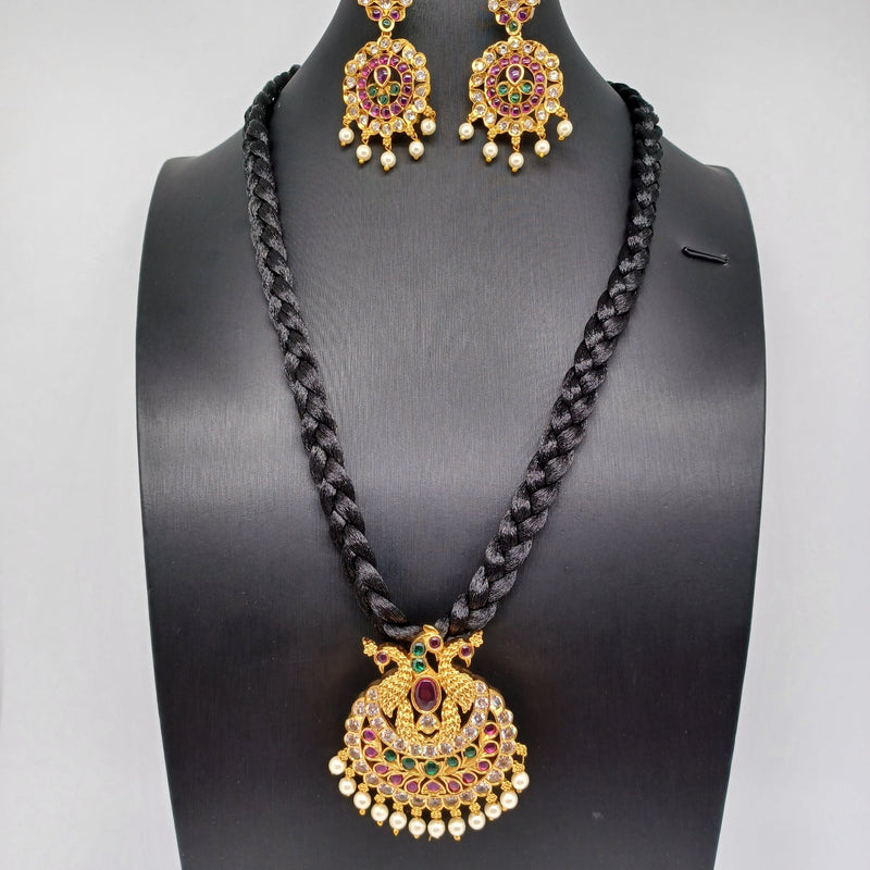 Beautiful AD And Multi Stone Peacock Black Thread Set With Jumka