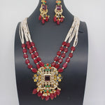 Beautiful AD And Navaratan Stone Multi Strand Sugar Beads With Red Color Monalisa Beads Set With Earrings