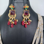 Beautiful AD And Navaratan Stone Multi Strand Sugar Beads With Red Color Monalisa Beads Set With Earrings