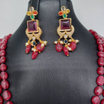 Beautiful AD And Navaratan Stone Multi Strand Red Monalisa beads Set With Earrings