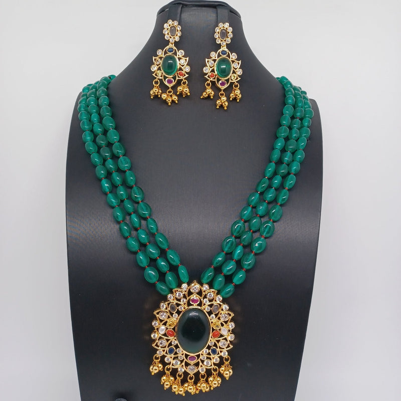 Beautiful AD And Navaratan Stone Multi Strand Green Monalisa beads Set With Earring