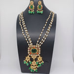 Elegant AD And Green Stone Navaratan Multi Strand Pearl Set With Earrings