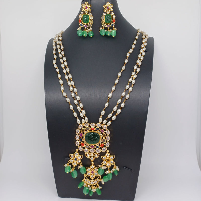 Elegant AD And Green Stone Navaratan Multi Strand Pearl Set With Earrings