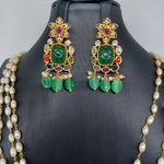 Elegant AD And Green Stone Navaratan Multi Strand Pearl Set With Earrings