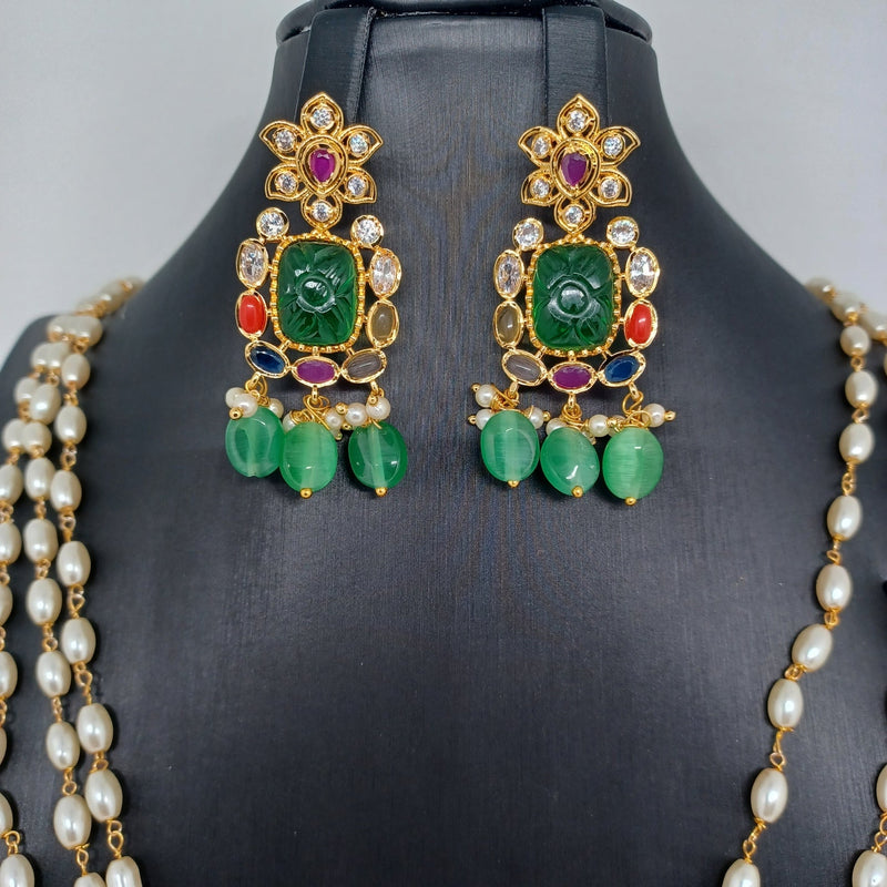 Elegant AD And Green Stone Navaratan Multi Strand Pearl Set With Earrings