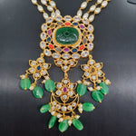 Elegant AD And Green Stone Navaratan Multi Strand Pearl Set With Earrings