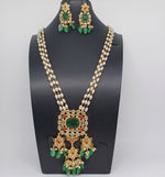 Elegant AD And Green Stone Multi Strand Pearl Set With Earrings