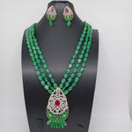 Beautiful AD And Multi Stone Multi Strand Green Color Monalisa Beads Set With Earrings