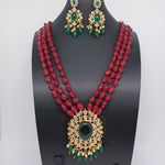 Beautiful Multi strand Red Monalisa Beads Set With AD And Green Stone Locket And Earrings