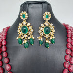 Beautiful Multi strand Red Monalisa Beads Set With AD And Green Stone Locket And Earrings