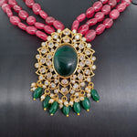 Beautiful Multi strand Red Monalisa Beads Set With AD And Green Stone Locket And Earrings