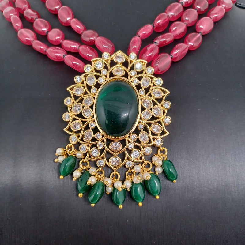 Beautiful Multi strand Red Monalisa Beads Set With AD And Green Stone Locket And Earrings
