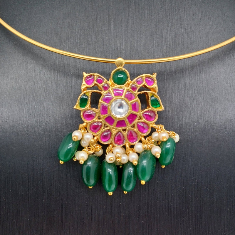Beautiful Jadav Kundan Peacock Hasli With Green Monalisa Beads