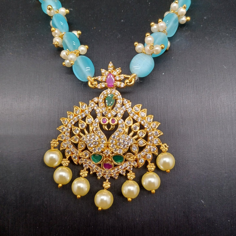 Beautiful Imitation Gold Marron And Blue Monalisa Beads Set Peacock Locket And Earrings