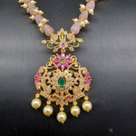 Beautiful Imitation Gold Marron And Pastel Pink Monalisa Beads Set Peacock Locket And Earrings
