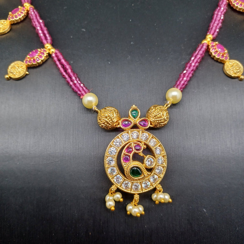 Beautiful Pink beads With MultiStone Peacock Bottu Locket Set With Earrings