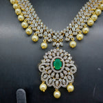Elegant Diamond Finish AD And Green Stone Medium Necklace Set With Earrings