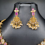 Beautiful AD And Ruby Gold Replica Lakshmi Devi Small Necklace Set With Earings