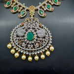 Beautiful Diamond Finish AD And Multi Stone Mango Necklace With Peacock Earrings
