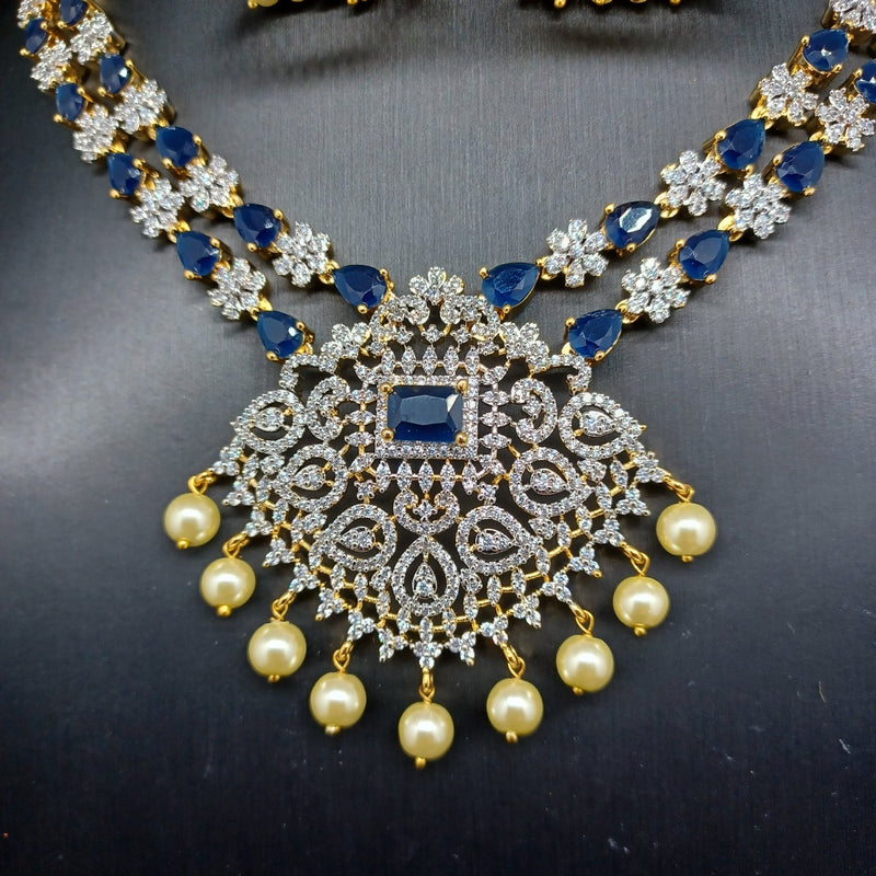 Beautiful AD And Sapphire 2 Lane Diamond Finish Necklace Set With Jumka