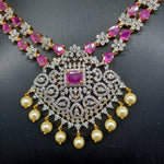 Beautiful AD And Ruby 2 Lane Diamond Finish Necklace Set With Jumka