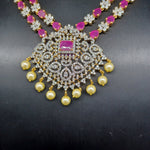 Beautiful AD And Ruby2 Lane Diamond Finish Long Necklace Set With Jumka