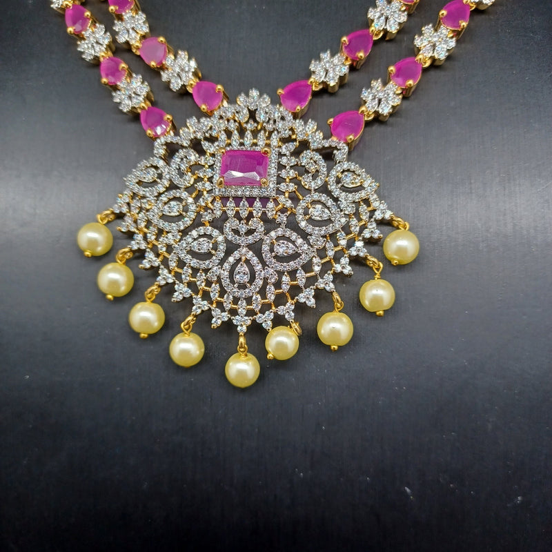 Beautiful AD And Ruby2 Lane Diamond Finish Long Necklace Set With Jumka