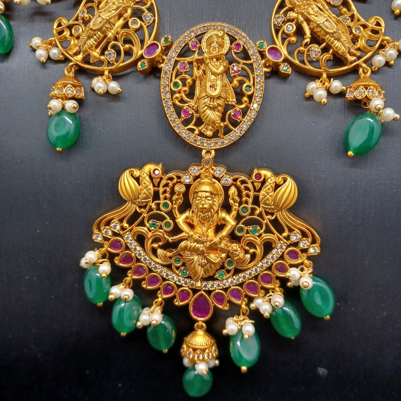 Beautiful Imitation Gold Dasavataram Set With Green Manalisa Beads With Earrings