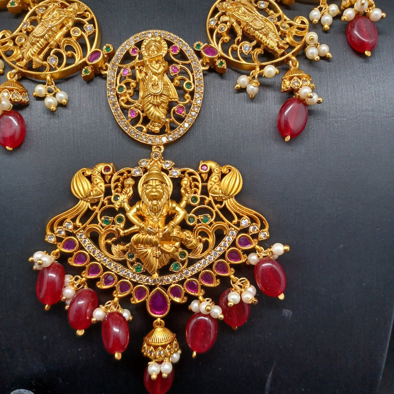 Beautiful Imitation Gold Dasavataram Set With Red Manalisa Beads With Earrings