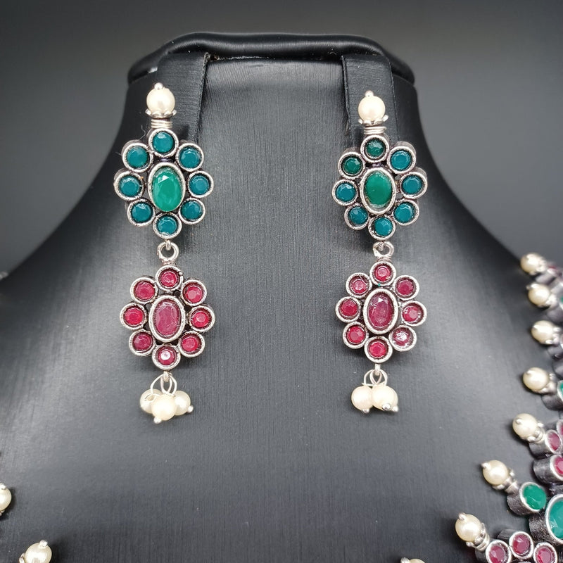 Beautiful Green And Ruby Flower Oxidised Necklace Set With Earrings