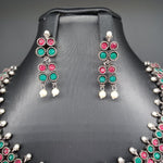 Beautiful Multi Stone Oxidised Necklace Set With Earrings