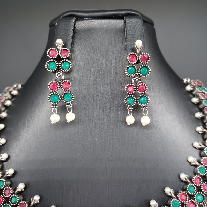 Beautiful Multi Stone Oxidised Necklace Set With Earrings