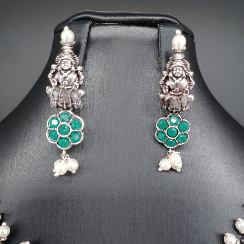 Beautiful Emerald Stone Oxidised Lakshmi Devi Necklace Set With Earrings