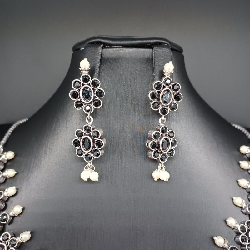 Beautiful Green And Black Flower Oxidised Necklace Set With Earrings