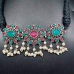 Beautiful Multi Stone Oxidised Black Thread Choker Set With Earrings