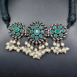 Beautiful Green Stone Oxidised Black Thread Choker Set With Earrings
